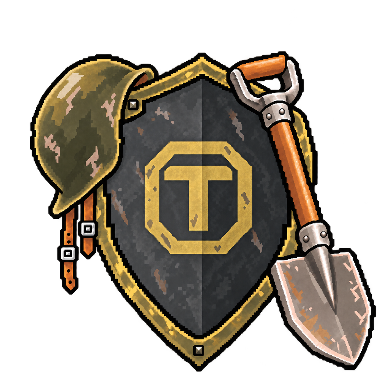 TrenchOps: a gold T and angular O on a shield, with a helmet and shovel